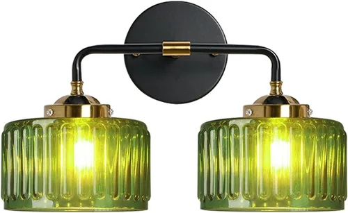 Lámparas de baño de mediados de siglo, aplique de pared de 2 luces con pantalla de vidrio con rayas verdes, luz de montaje en pared, luces modernas