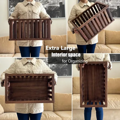 Miniatura 4 de Cesta de almacenamiento rectangular extragrande de nogal macizo, contenedores de almacenamiento de madera natural para organizar, de madera