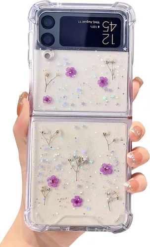 Miniatura 24 de Abbery Funda transparente para Samsung Galaxy Z Flip 3 5G, transparente y con diseño de purpurina bonita con purpurina floral prensada de Rosa
