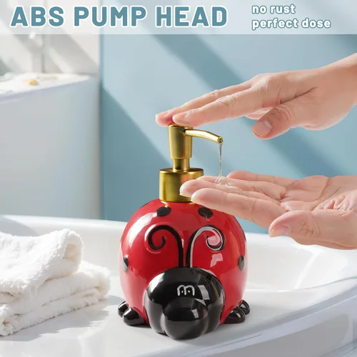 Miniatura 3 de RQYIXI Dispensador de jabón de cerámica de mariquita de 17 onzas con bomba de ABS, dispensador de jabón líquido recargable para loción, gel de baño