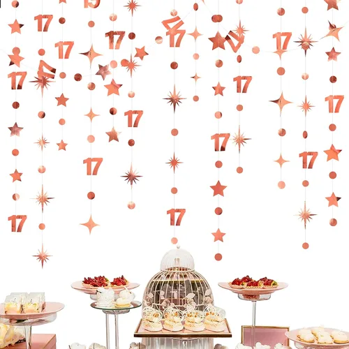 Decoraciones de cumpleaños número 17 color oro rosa con el número 17, guirnalda de estrellas y círculos, banderines, telón de fondo para niñas de