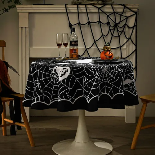 Miniatura 6 de MikiUp Mantel redondo de Halloween, mantel decorativo de tela de araña, impermeable y lavable, para fiestas, cocina, comedor, interiores