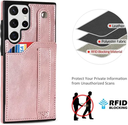 Miniatura 6 de Funda para teléfono Samsung Galaxy S22 Ultra 5G con protector de pantalla, correa de muñeca ajustable, atril, ranura para tarjeta de crédito, Oro