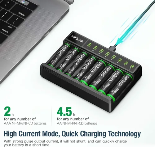 Miniatura 5 de HiQuick Cargador de batería inteligente de 8 bahías con 8 pilas AA + 16 pilas recargables AA