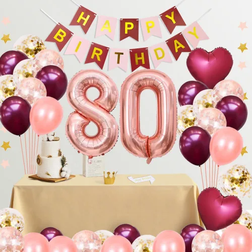 Miniatura 2 de Decoraciones de cumpleaños número 80 para niñas y mujeres, pancarta de papel rosa burdeos, banda para decoración de pastel, globos de látex, vidrio