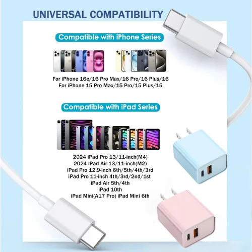 Miniatura 4 de Cable de carga rápida de 3 metros para iPhone 17/16e, paquete de 2 adaptadores Apple QC de 20 W con 2 puertos USB A+C y cable de carga rápida USB C