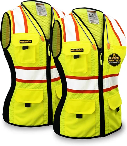 KwikSafety - Charlotte, NC - Chaleco de seguridad para mujer, tiras reflectantes de alta visibilidad, cumple con ANSI y OSHA Amarillo