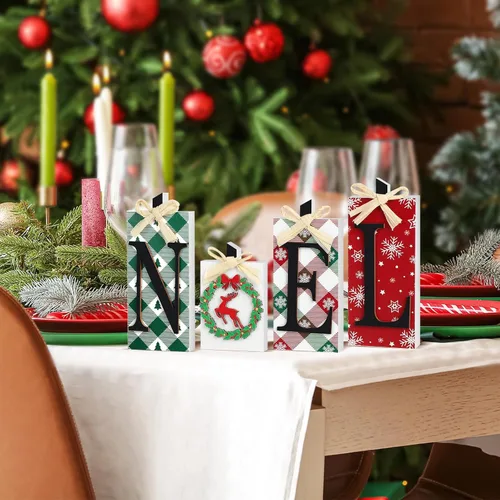 Miniatura 5 de Decoraciones navideñas de madera de Noel, 4 piezas de decoración rústica de mesa de Navidad, mesa independiente de Navidad, mesa de centro de mesa