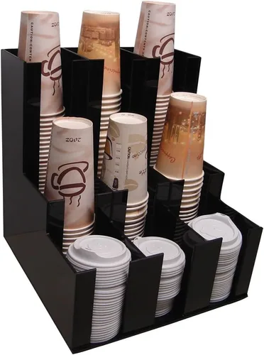 RCS Plastics Dispensador de tazas de café y soporte de tapa, agitador de condimentos, organizador de tazas de azúcar y muestra tu mostrador de