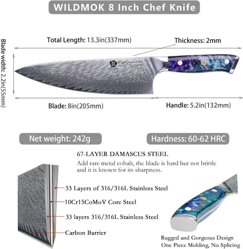 Miniatura 2 de WILDMOK Cuchillo de chef de Damasco, cuchillos de chef japoneses de 8 pulgadas, cuchillo de cocina con mango de resina, cuchillos afilados