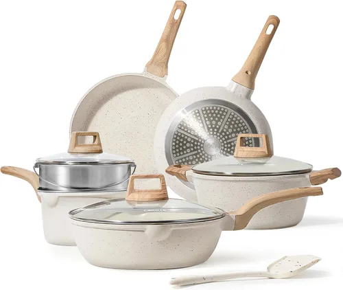 CAROTE 10Pcs Pots and Pans Set Nonstick, Non Stick Cooking Set w/Frying Pans & Saucepans, Induction Kitchen Cookware Set Blanco