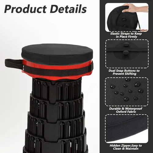 Miniatura 3 de Paquete de 2 cojines plegables de espuma viscoelástica gruesa para taburetes telescópicos, Oxford impermeable con correas elásticas, portátil