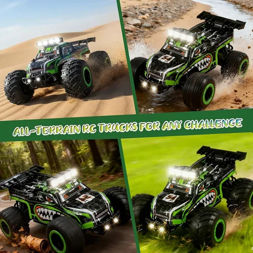 Miniatura 7 de Camión monstruo con control remoto para niños: coche RC todoterreno con faros y luces en el cuerpo, 1:18, 20 km/h, tracción a 2 ruedas, 2.4 GHz