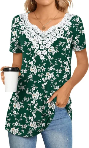 Miniatura 2 de CATHY Blusa de verano para mujer, manga corta, cuello en V, encaje de ganchillo, informal, plisada