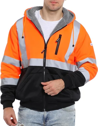 FONIRRA - Sudadera masculina con capucha de alta visibilidad, con forro de vellón, seguridad ANSI clase 3, chaqueta de trabajo con fondo color