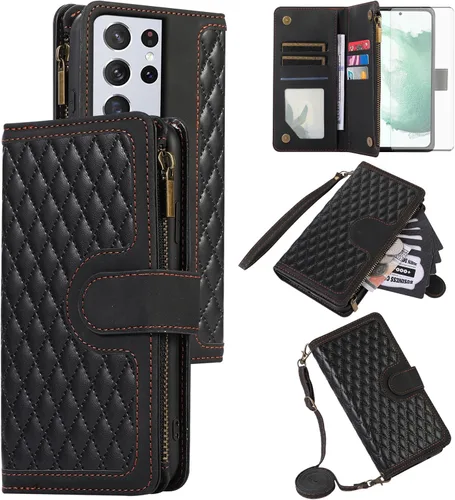 Asuwish Funda de teléfono para Samsung Galaxy S21 Ultra 5G Funda tipo cartera con protector de pantalla de vidrio templado y correa para la muñeca