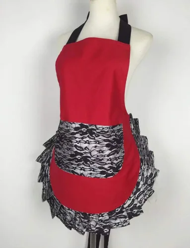 Miniatura 8 de Hyzrz Bonito delantal de encaje coqueto con bolsillo, divertido delantal retro sexy de cocina para mujeres y niñas (negro)