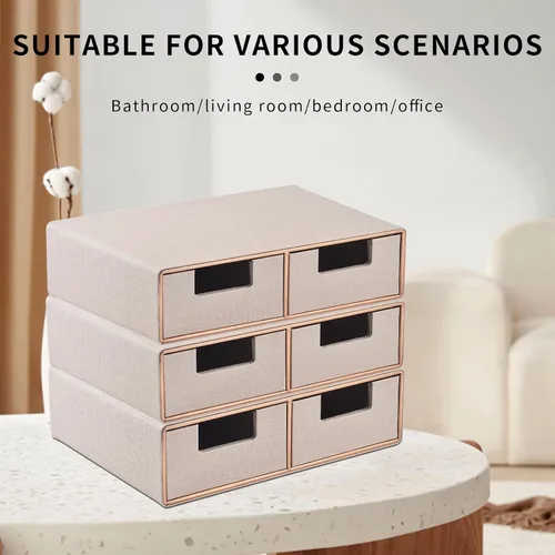 Miniatura 5 de Organizador de escritorio de cuero de lino con cajones, mini organizador de cajones de escritorio, apilable, multifuncional, caja de almacenamiento