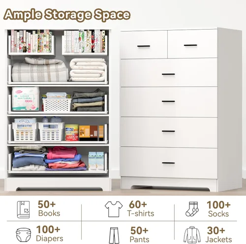 Miniatura 7 de FJTJBSI Cómoda con Tomas de Corriente de Madera de 6 Cajones con Organizador Grande Blanco Organizador de Almacenamiento Alto con Riel de Metal Liso