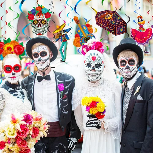 Miniatura 5 de 30 remolinos de papel de aluminio del Día de los Muertos, decoraciones de Halloween, calavera de azúcar, flores colgantes en el techo, remolinos