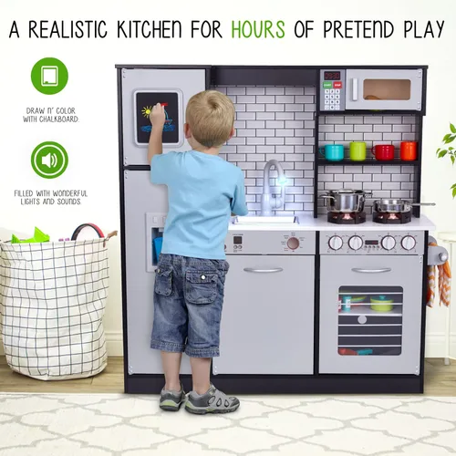 Miniatura 7 de Set de cocina de madera para niños Lil' Jumbl, cocina de juguete de simulación, heladera con batería, quemadores, grifo y microondas con sonido
