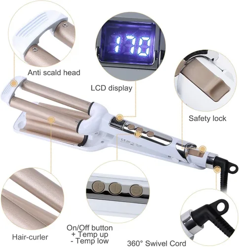 Miniatura 2 de Plancha rizadora de pelo de cerámica, rizadora de pelo de 3 barriles, rizador de pelo permanente de 0.6 pulgadas/0.630 in, rizador instantáneo