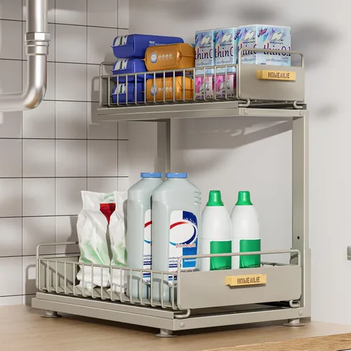 Miniatura 18 de Organizador bajo el fregadero, Organizador de 2 niveles alto y ajustable bajo el fregadero de la cocina, estante de almacenamiento multiuso