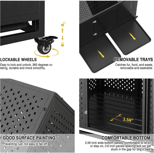 Miniatura 5 de Jaula para perros indestructible de 44 pulgadas con ruedas, jaula de acero a prueba de escapes para interiores, doble puerta, alta ansiedad