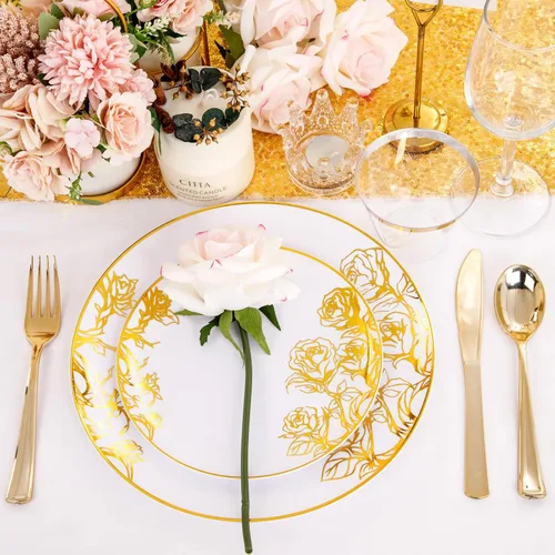 Miniatura 8 de DaYammi 210 platos de plástico dorados, vajilla desechable floral de oro blanco que incluye 30 platos llanos, 30 platos de ensalada, 30 servilletas