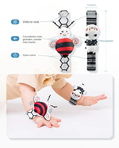 Miniatura 7 de Infinno Juego de calcetines y pulseras de sonajero para bebés de alto contraste, regalo ideal para recién nacidos de 0 a 12 meses, juguetes en Negro