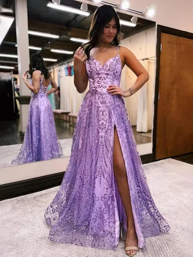 Miniatura 5 de Vestidos de fiesta de encaje 2024, vestidos largos con tirantes delgados, vestidos de noche con abertura y hombros descubiertos, vestidos formales