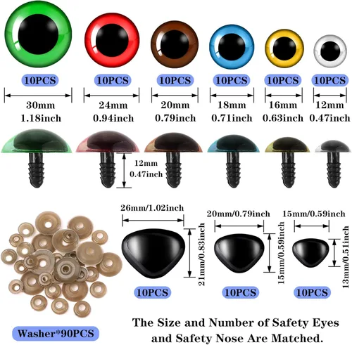 Miniatura 2 de UPINS 180 piezas de ojos y nariz grandes de seguridad de 0.47 a 1.18 pulgadas con arandelas para ojos de animales de peluche Amigurumi, muñeca