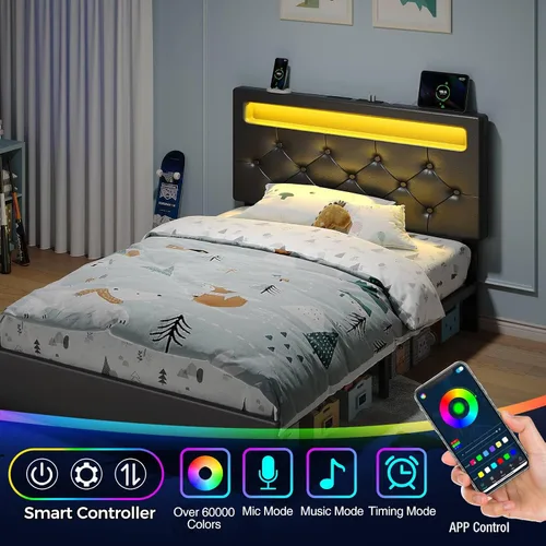 Miniatura 3 de Rolanstar Base de cama individual con estación de carga, cama LED con almacenamiento debajo de la cama, cabecera ajustable de 38.9/40.8 pulgadas,
