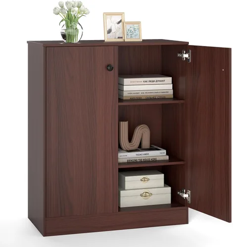 Miniatura 11 de LOKO Armario de almacenamiento de 2 puertas, armario de piso moderno con estante de 3 niveles, gabinete lateral independiente con dispositivo Negro