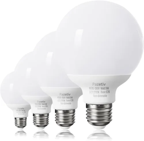 Paquete de 4 bombillas LED de color blanco cálido para baño, equivalente a 120 V 60 vatios, base media E26, bombillas redondas de tocador, bombillas