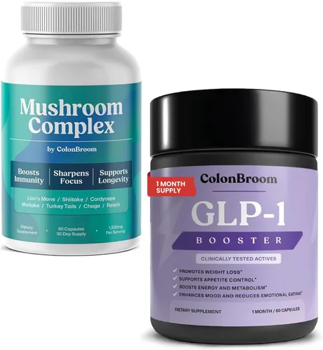 ColonBroom GLP-1 Suplemento de control de peso para mujeres y hombres (60 cápsulas) y complejo de hongos, potente mezcla de hongos (60 cápsulas) -