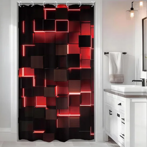 Riyidecor Cortina de ducha roja y negra, 36 pulgadas de ancho x 72 pulgadas de alto, diseño geométrico abstracto moderno, diseño 3D, cubos a