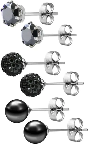 Miniatura 14 de JewelrieShop - Juego de aretes de tuerca de acero inoxidable con circonitas cúbicas y perlas de imitación, 3 pares de 0.236 in