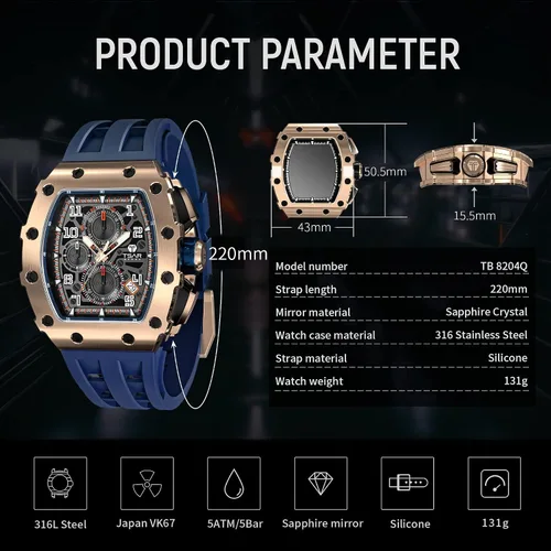 Miniatura 6 de Tsar Bomba - Reloj de lujo para hombre, resistente al agua hasta 50 m, sistema de movimiento de cuarzo japonés, caja de acero inoxidable, cristal