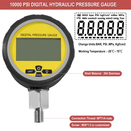 Miniatura 4 de Medidor de presión hidráulica digital 10000 PSI/700BAR con conector NPT de 1/4 pulgadas, probador de presión hidráulica con cubierta protectora