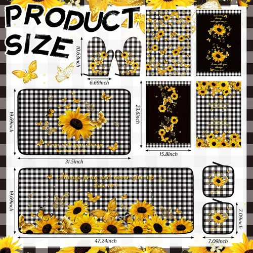 Miniatura 3 de Fourluoo Juego de 10 piezas de decoración y accesorios de cocina de girasol, diseño de búfalo blanco y negro, juego de manoplas de horno y soportes