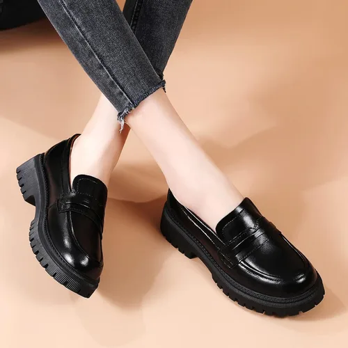 Miniatura 7 de Mocasines de cuero para mujer, zapatos de penny de plataforma gruesa, clásicos, punta redonda, cómodos, zapatos de trabajo de negocios