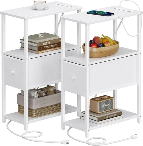 Miniatura 20 de TUTOTAK Mesa auxiliar pequeña y estrecha con LED y estación de carga, mesa lateral con tomas de corriente, mesita de noche con 2 cajones de tela