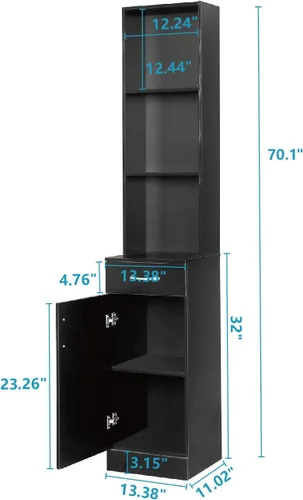 Miniatura 3 de BNSPLY Armario alto de baño, gabinete estrecho de lino delgado con estantes abiertos de 3 niveles y cajón, torre de lino independiente para baño