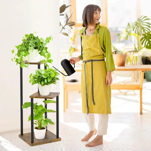 Miniatura 7 de Oppro Soporte para plantas de 3 niveles para interiores, soporte de esquina de metal de madera escalonada, soporte para macetas, estante de madera