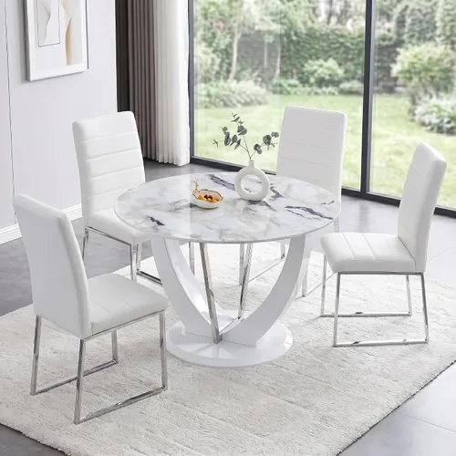Miniatura 46 de Juego de mesa de comedor redonda para 4, mesa moderna de 48" con tapa de mármol sintético falso y pedestal brillante negro, juego de mesa de cocina