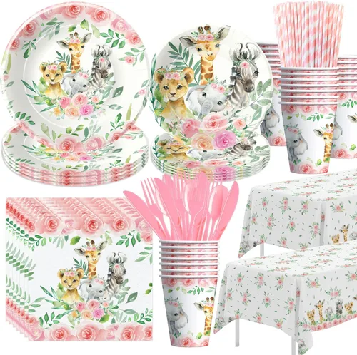 Decoraciones de cumpleaños de safari para niña, suministros de fiesta temática de selva, plato, taza, servilleta, mantel, cubiertos, pajilla, safari