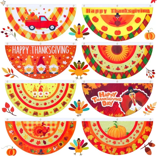 8 banderines plisados de Acción de Gracias para exteriores, diseño de calabaza, pavo, banderines de otoño con cabecera de lona y ojales de metal,