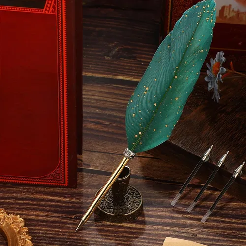 Miniatura 4 de Bolígrafo de plumas y soporte de bolígrafo de metal vintage, tinta negra, pluma de plumas vintage con 5 piezas de repuesto para boda, firma