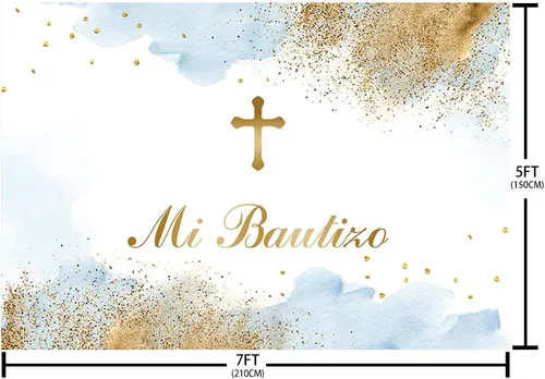 Miniatura 5 de Sendy Telón de fondo de 7 x 5 pies, decoración de fiesta de bautismo mexicano, Dios bendiga al niño, primera comunión, nubes de acuarela azul, fondo